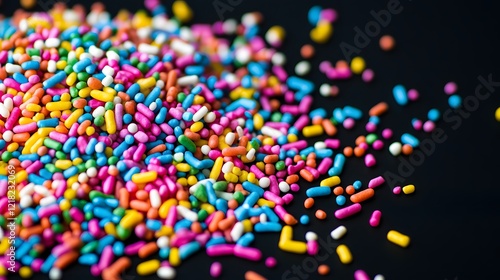 Colorful sprinkles falling on a black backgroundGenerative AI  photo