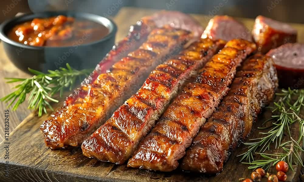 Delicious Barbecue Ribs, Glazed and Sliced, Served with Rosemary Delicious Barbecue Ribs, Glazed and Sliced, Served with Rosemary