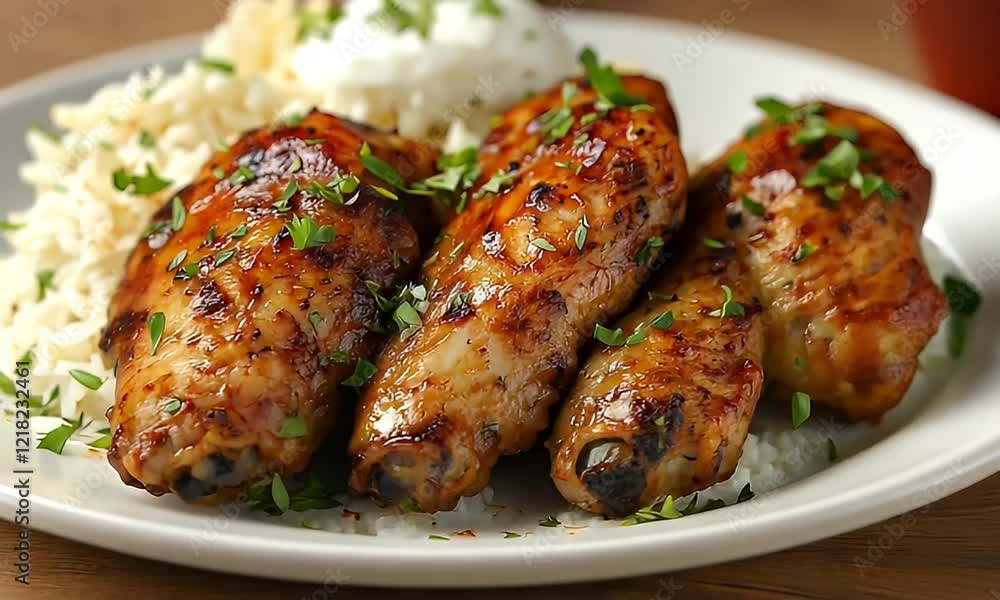 Glazed Chicken Wings with Rice and Yogurt Garnish Glazed Chicken Wings with Rice and Yogurt Garnish