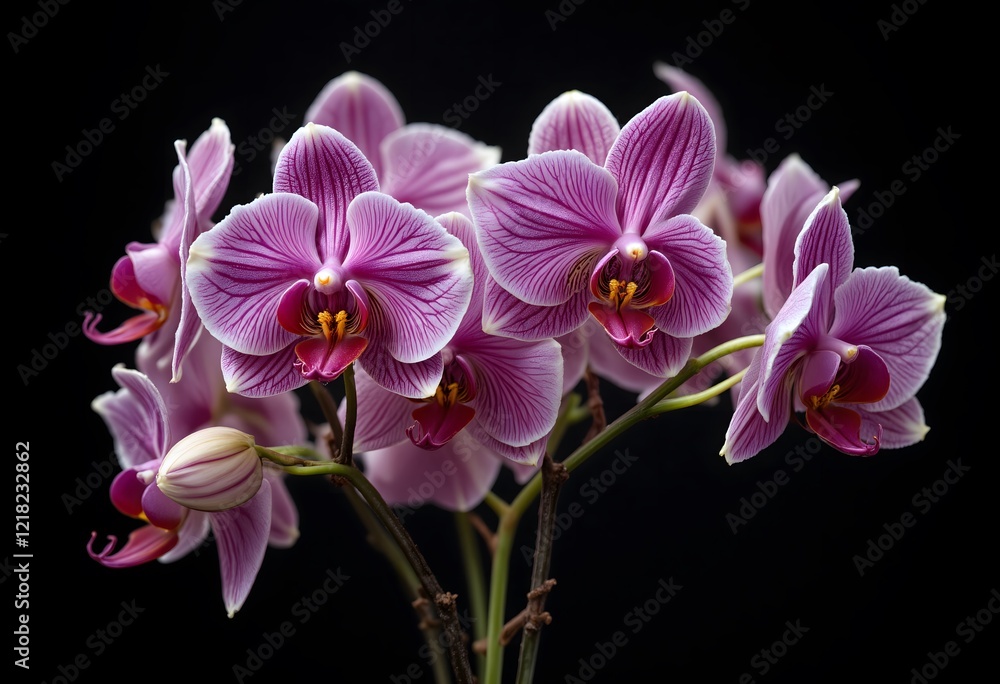 Obraz premium A vibrant bouquet of flowers, showcasing delicate orchids in shades of pink against a dark backdrop, exuding elegance and beauty.