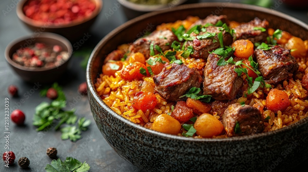 A hearty bowl of savory rice with tender meat and vegetables A hearty bowl of savory rice with tender meat and vegetables