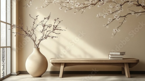 Wallpaper Mural Serene Minimalist Interior with Wooden Bench, Vase, and Blossom Branches Torontodigital.ca