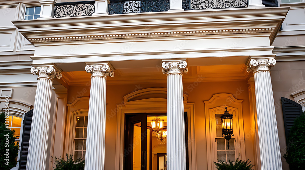Obraz premium Majestic Classical Mansion Entrance: Architectural Grandeur and Elegant Design. A luxurious home exterior with impressive columns and a grand portico.