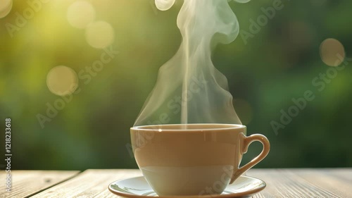 Steaming white cup of coffee on wooden table.