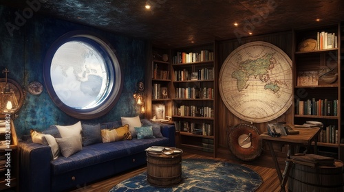 Nautical Library: A Luxurious Cabin with a Round Window and World Map photo