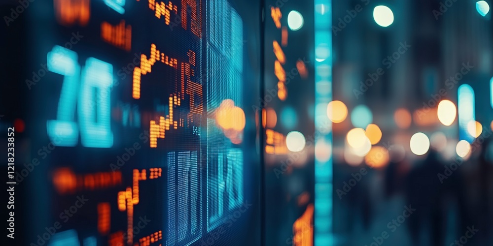 Fototapeta premium Night Stock Market Data: Vibrant display of stock market data at night, illuminated numbers and graphs against a blurred city backdrop, conveying dynamism and the fast-paced world of finance.