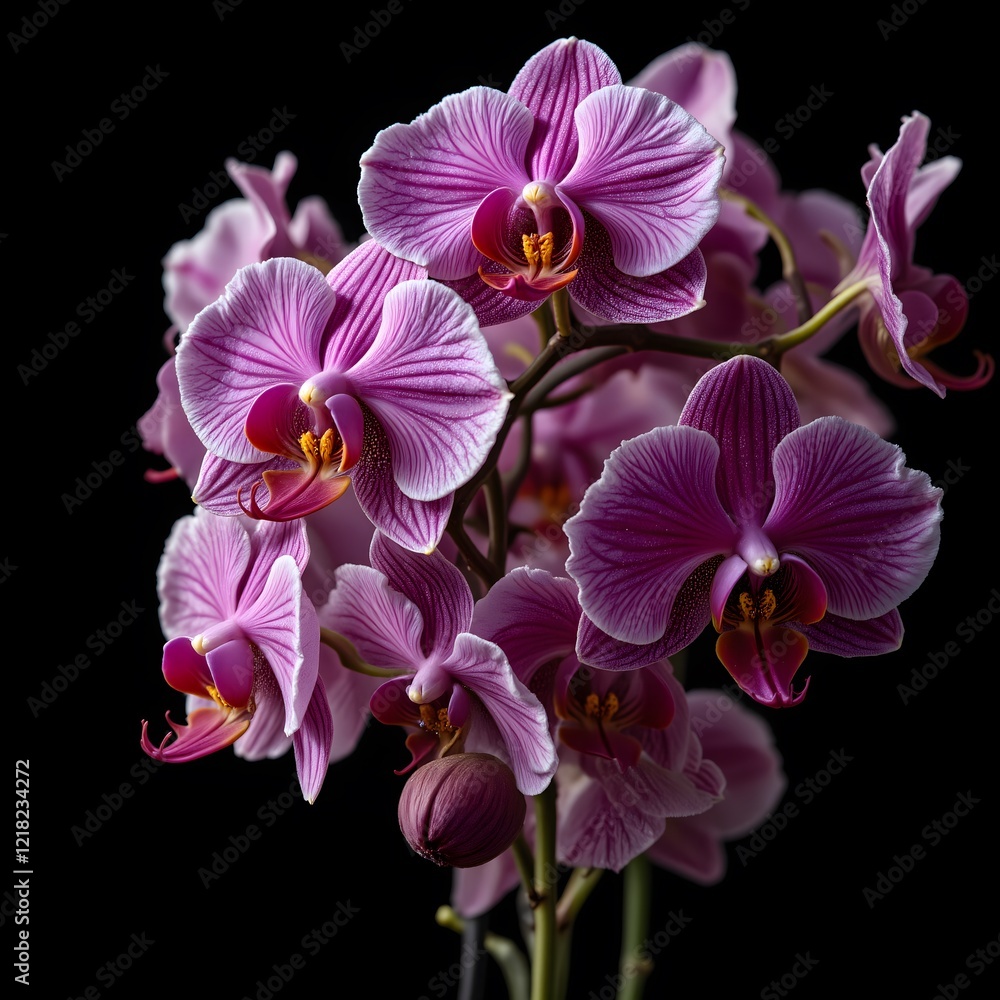 Obraz premium A striking bouquet of flowers showcases vibrant pink orchids, radiating beauty and elegance against a dark backdrop.