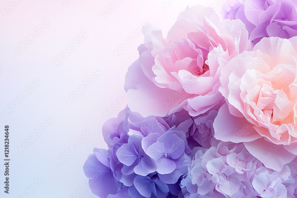 Fototapeta premium Vibrant floral arrangement of peonies and hydrangeas in a natural aesthetic setting