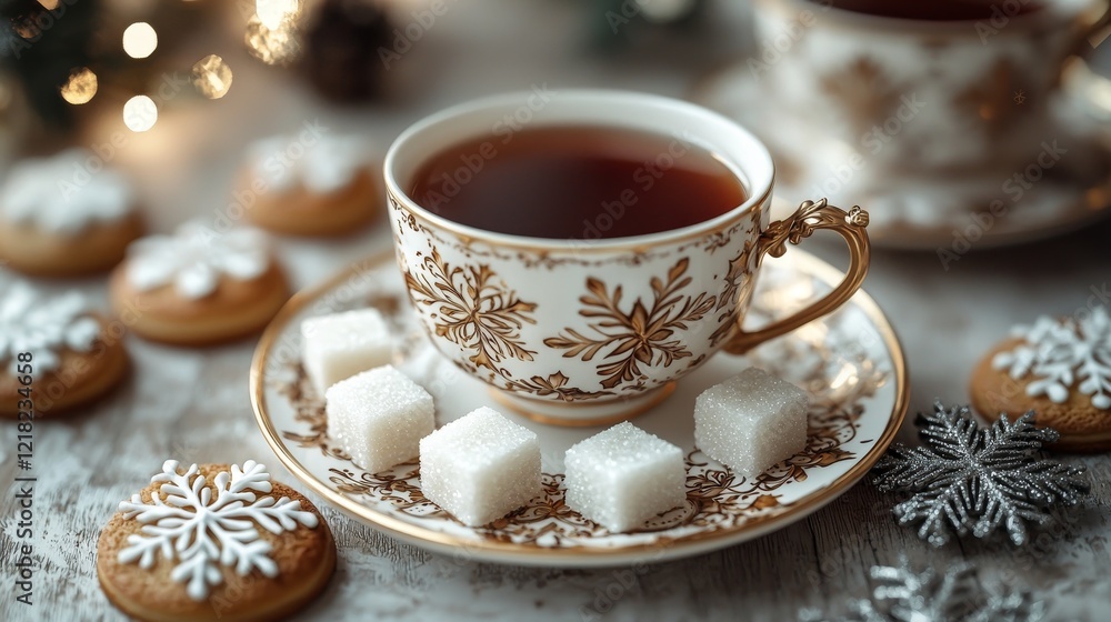 Fototapeta premium Enjoying warm tea with sugar cubes and cookies cozy home setting food photography winter vibes