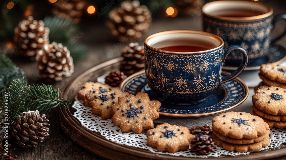 Fototapeta premium Festive tea and cookies arrangement cozy home food display warm atmosphere close-up view holiday cheer