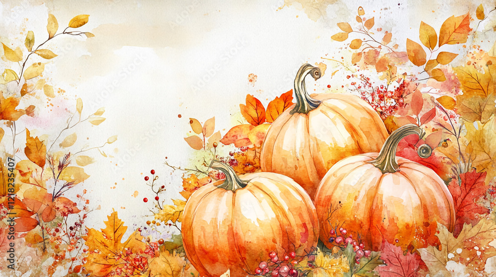 Image captures of autumn with vibrant pumpkins and flowers leaves, Watercolor drawing autumn composition with harvest and floral, abstract watercolor design white background. Image captures of autumn with vibrant pumpkins and flowers leaves, Watercolor drawing autumn composition with harvest and floral, abstract watercolor design white background.