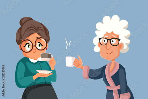 Elderly Women Friends Having Coffee Together Vector Cartoon. Older grannies gossiping having tea and socializing 
