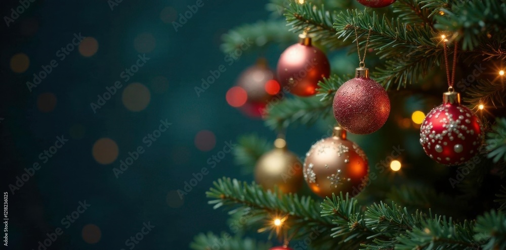 Glittering ornaments and garlands hanging from a Christmas tree branch, wintry theme, festive decoration Glittering ornaments and garlands hanging from a Christmas tree branch, wintry theme, festive decoration