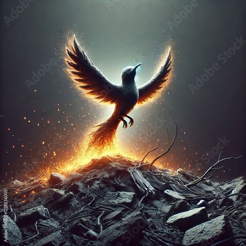 Rising from Ashes A bird shaped form rising from a pile of ashes