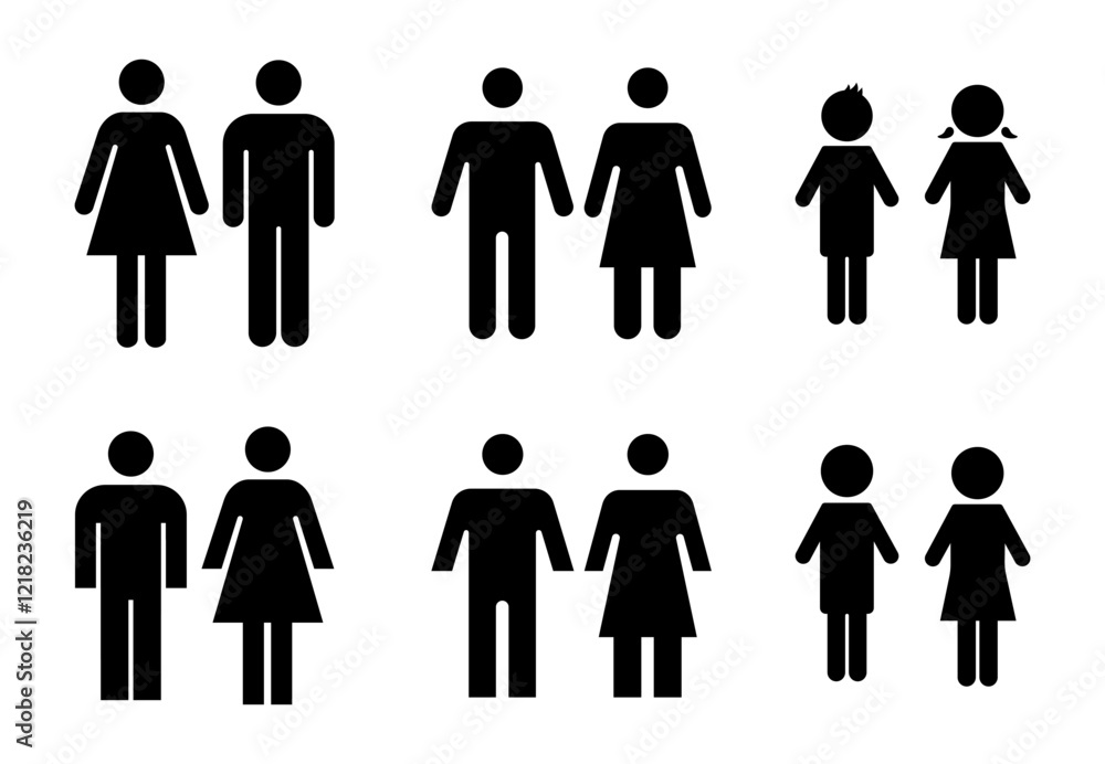 Restroom door pictograms. male female and children public toilet vector signs, female and male hygiene washrooms symbols, black ladies and gentlemen restroom Restroom door pictograms. male female and children public toilet vector signs, female and male hygiene washrooms symbols, black ladies and gentlemen restroom