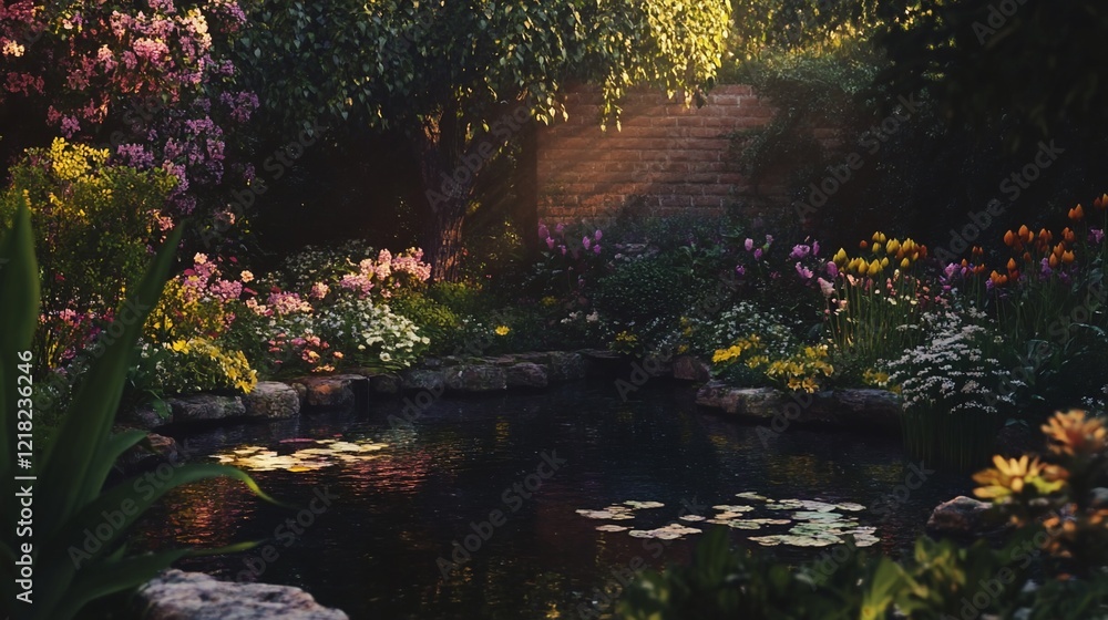 Serene Garden Pond at Golden Hour: A Tranquil Oasis of Blooming Flowers and Lush Greenery Serene Garden Pond at Golden Hour: A Tranquil Oasis of Blooming Flowers and Lush Greenery