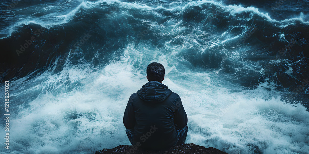 Obraz premium Person Facing Dramatic Ocean Waves