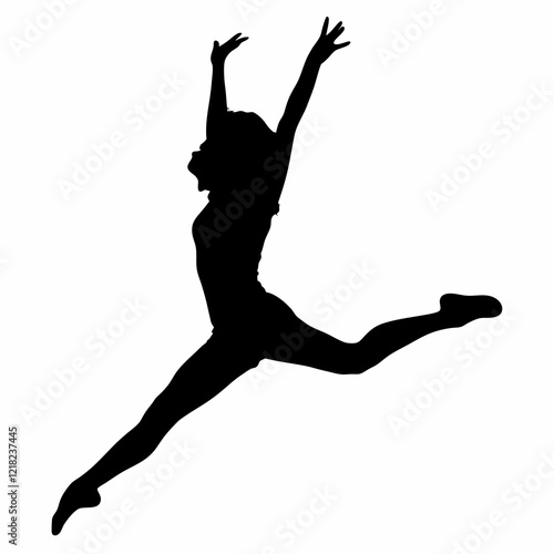 A woman is doing a gymnastics routine. She is in the air and has her arms outstretched