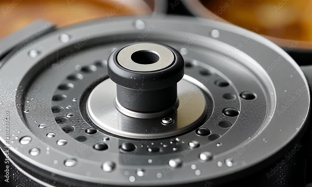 Close-up of a gear mechanism on a wet, metallic surface inside a can. Close-up of a gear mechanism on a wet, metallic surface inside a can.