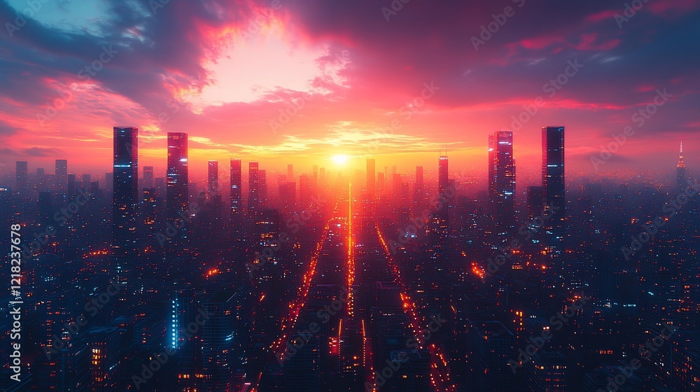 Fototapeta premium Futuristic city skyline at vibrant sunset.