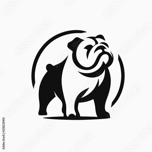 Black and white illustration of a bulldog with a circular design element.
