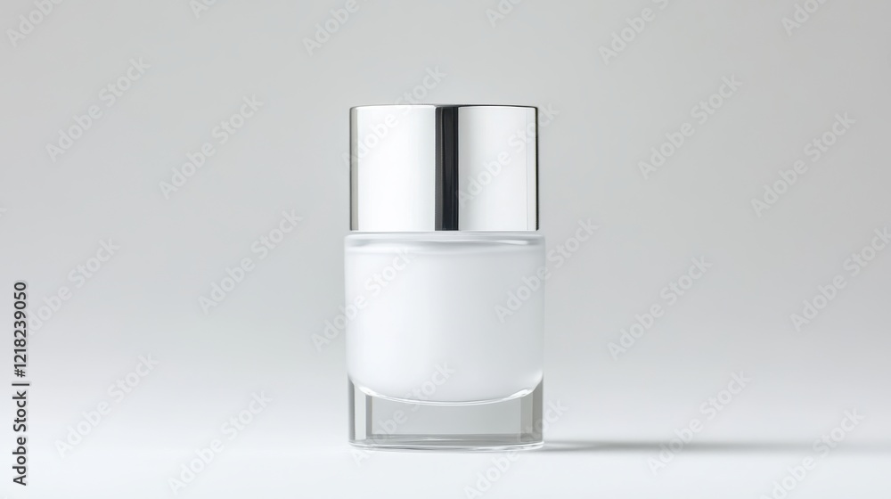 Sleek and Minimalist White Cosmetic Jar with Silver Lid on Soft Gray Background, Perfect for Skincare or Beauty Products, Isolated for Product Display and Branding Sleek and Minimalist White Cosmetic Jar with Silver Lid on Soft Gray Background, Perfect for Skincare or Beauty Products, Isolated for Product Display and Branding
