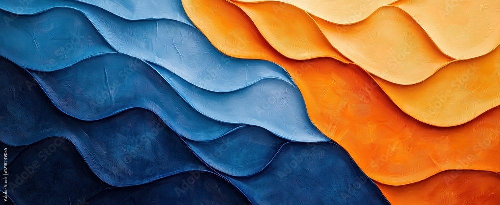 Obraz premium Abstract Flow: A mesmerizing abstract art piece featuring bold strokes of blue and orange hues, flowing in a mesmerizing pattern of rhythmic waves, creating a visual symphony of movement and energy.