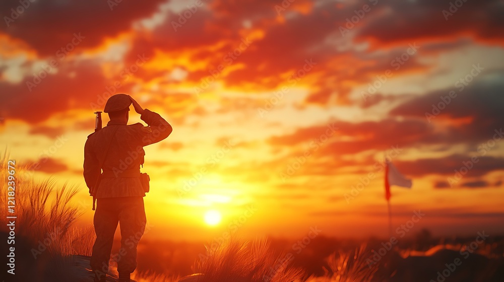 A soldier saluting the flag with a calm expression at sunrise, embodying loyalty and justice A soldier saluting the flag with a calm expression at sunrise, embodying loyalty and justice