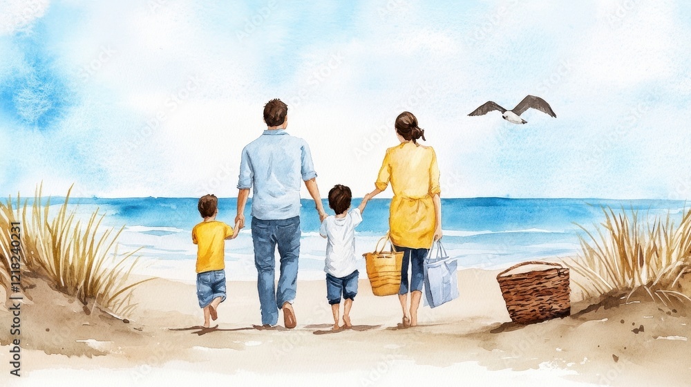 Family Walking on Beach with Children and Baskets in Watercolor Style Family Walking on Beach with Children and Baskets in Watercolor Style