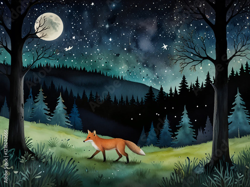 In the illustration, a fox roams a forest under the night sky. photo