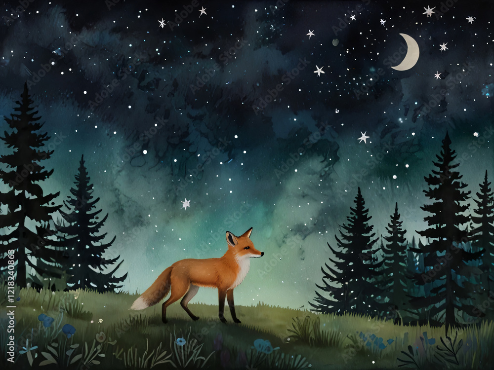 In the illustration, a fox roams a forest under the night sky. In the illustration, a fox roams a forest under the night sky.