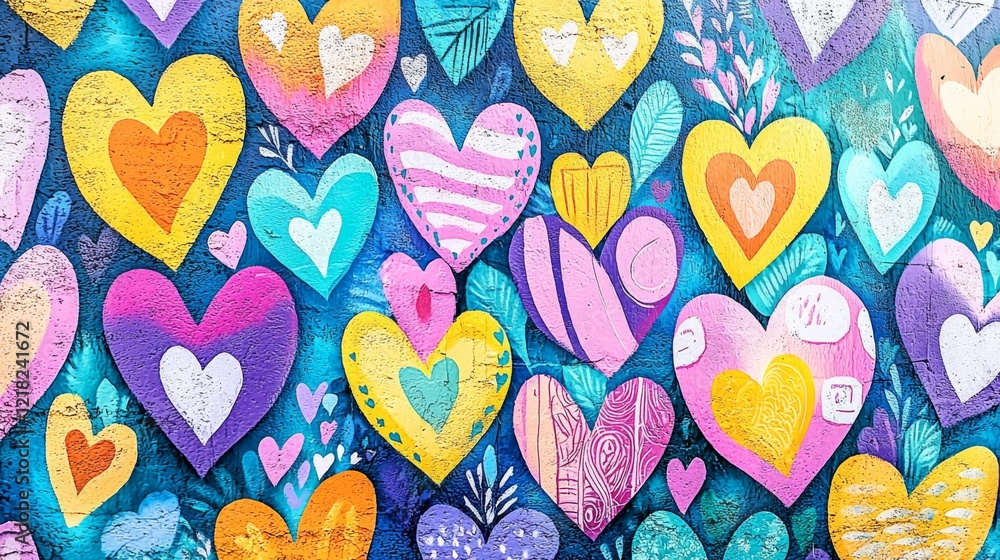Fototapeta premium Colorful Heart Patterns on Vibrant Wall Art Filled with Texture and Creativity for Inspiring Spaces