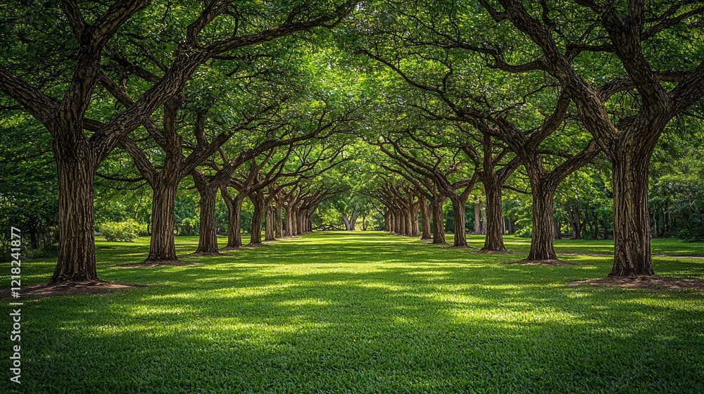 Obraz premium Lush green trees lining a pathway in a park.