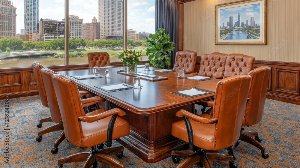 Elegant boardroom setup with stunning city view through large window Elegant boardroom setup with stunning city view through large window