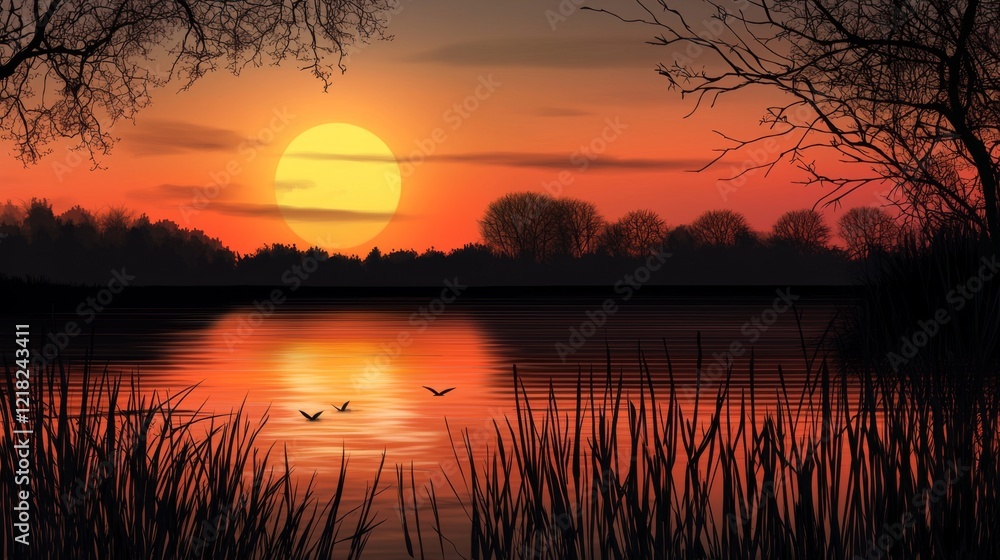 Obraz premium Tranquil Sunset Over Serene Lake with Silhouettes of Trees and Birds in Flight