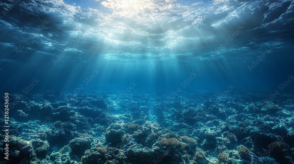 Obraz premium Sunbeams illuminate the ocean floor, revealing a vibrant coral reef ecosystem.