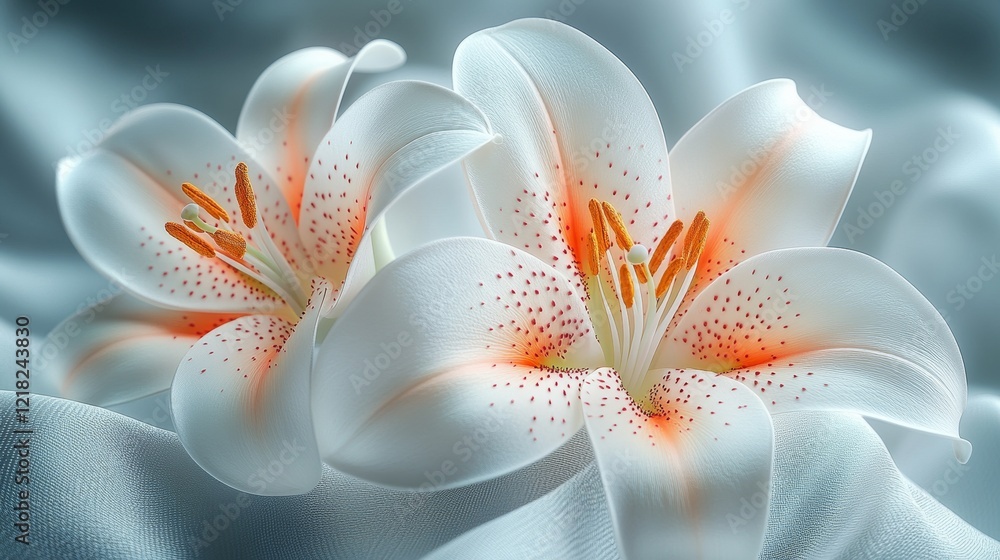 Fototapeta premium Two white lilies with orange speckles, elegantly posed on a soft, light-blue fabric.