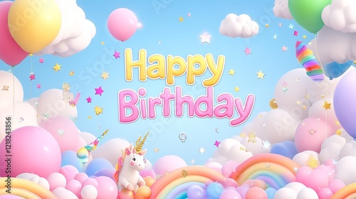 Rainbow gradient birthday background with clouds, unicorn elements