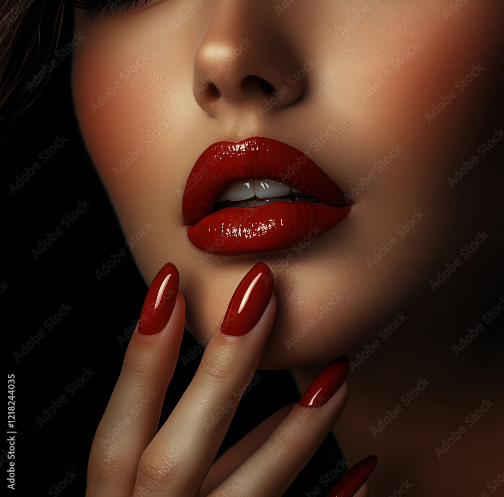 Obraz premium Close-up of a beautiful woman applying red lipstick