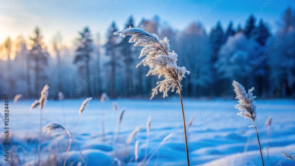 Serene Winter Landscape Frost-Covered Reeds in a Snowy Field with a Blurred Background of Trees at Sunrise
