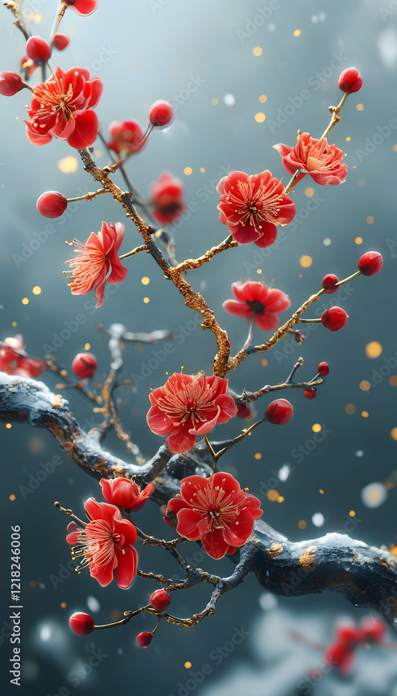Red flowers blooming on a branch in winter Red flowers blooming on a branch in winter