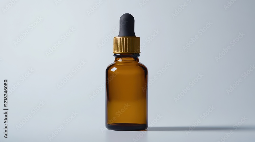 Amber Glass Dropper Bottle with Black Lid Against a Soft, Neutral Background for Essential Oils, Serums, and Other Liquid Products in a Minimalist Style