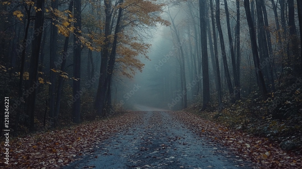 Naklejka premium Enigmatic Autumn Road Through Misty Forest, A Serene and Mysterious Path