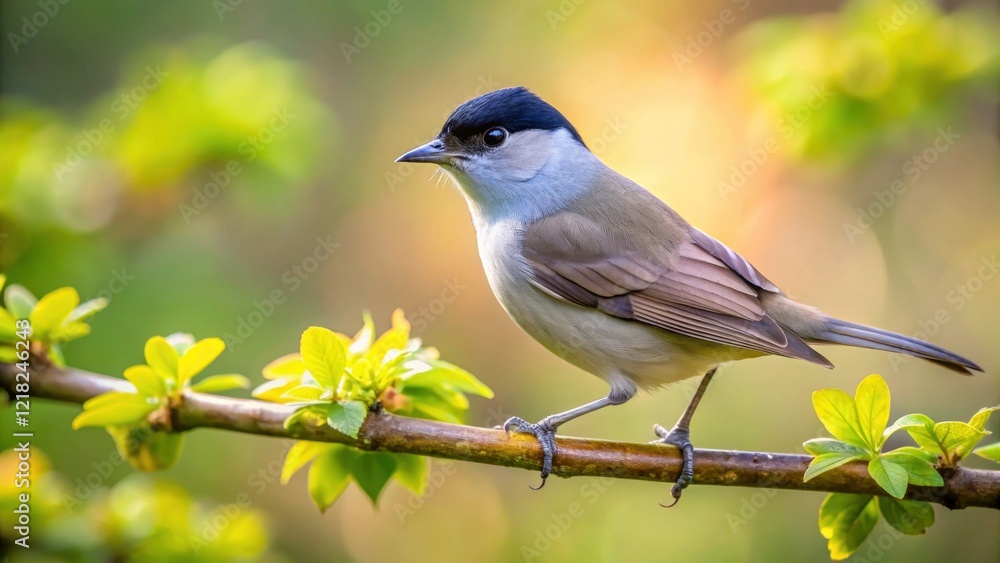 A Small Bird Perched on a Branch with New Spring Leaves in Soft Sunlight A Small Bird Perched on a Branch with New Spring Leaves in Soft Sunlight