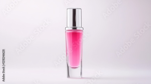 Elegant Pink Cosmetic Bottle with Glass Design on a Soft Background, Perfect for Beauty Products, Makeup, or Skincare Branding and Advertising Concepts