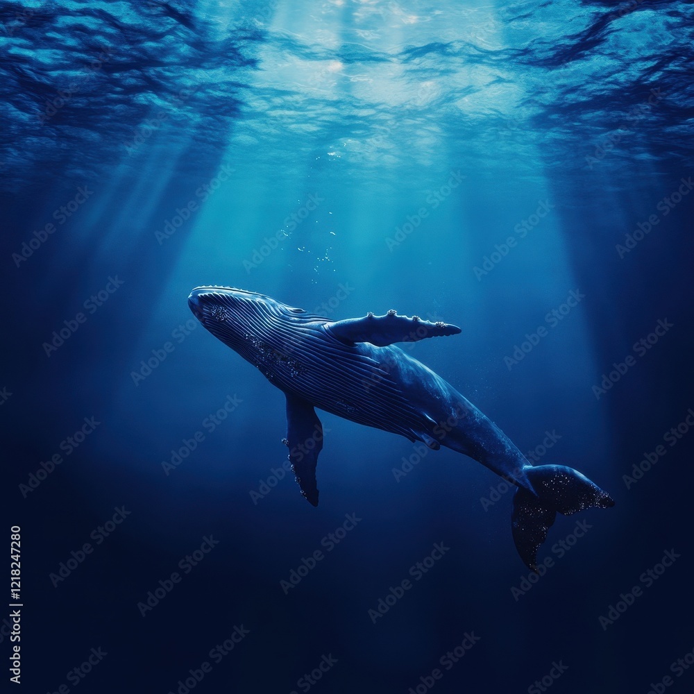 Fototapeta premium Majestic Humpback Whale Swimming Underwater In Deep Blue Ocean