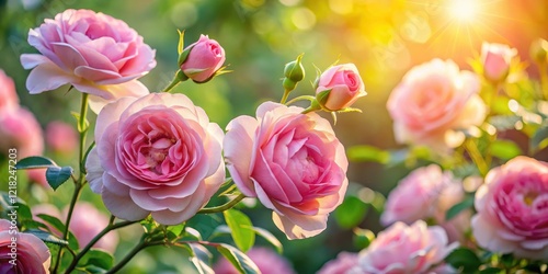 Soft pink roses blooming in a garden on a sunny day with gentle sunlight filtering through the leaves and stems , pink, garden, pink