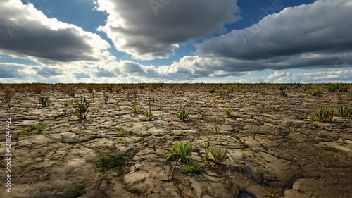 Parched Earth Under Dramatic Skies: A wide shot of cracked, dry earth under a dramatic sky filled with dark, brooding clouds and patches of bright sunlight.