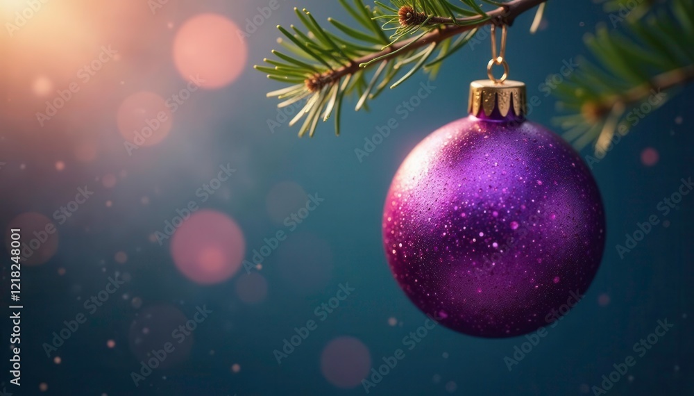 Glittering purple sphere suspended from a branch, decoration, sphere Glittering purple sphere suspended from a branch, decoration, sphere
