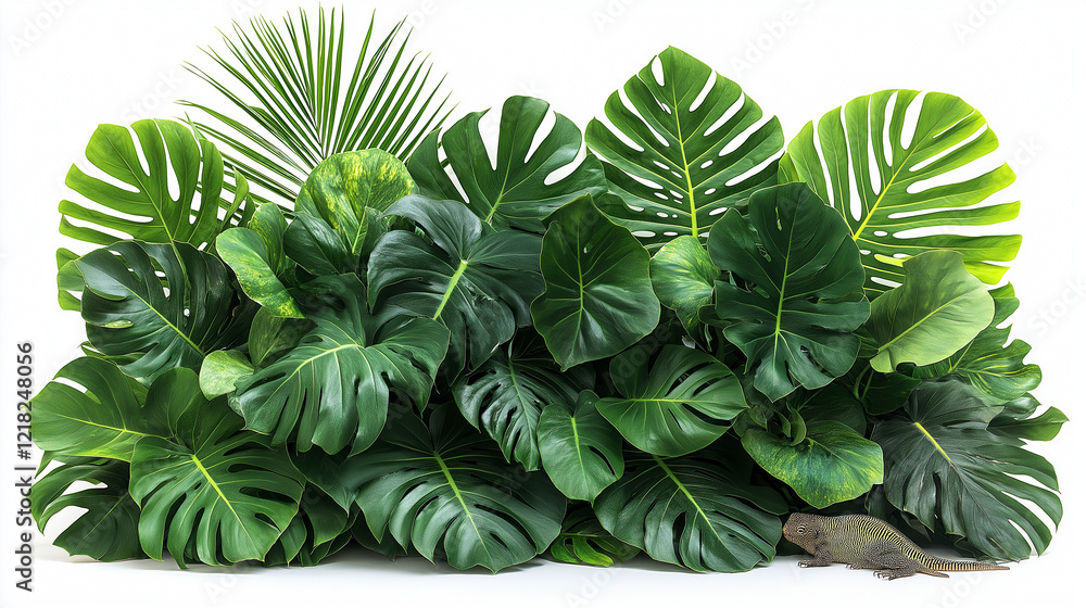 Fototapeta premium Tropical Palm, Monstera, and Hanging Plants Isolated on White Background with Clipping Path, Perfect for Clean and Minimalist Designs
